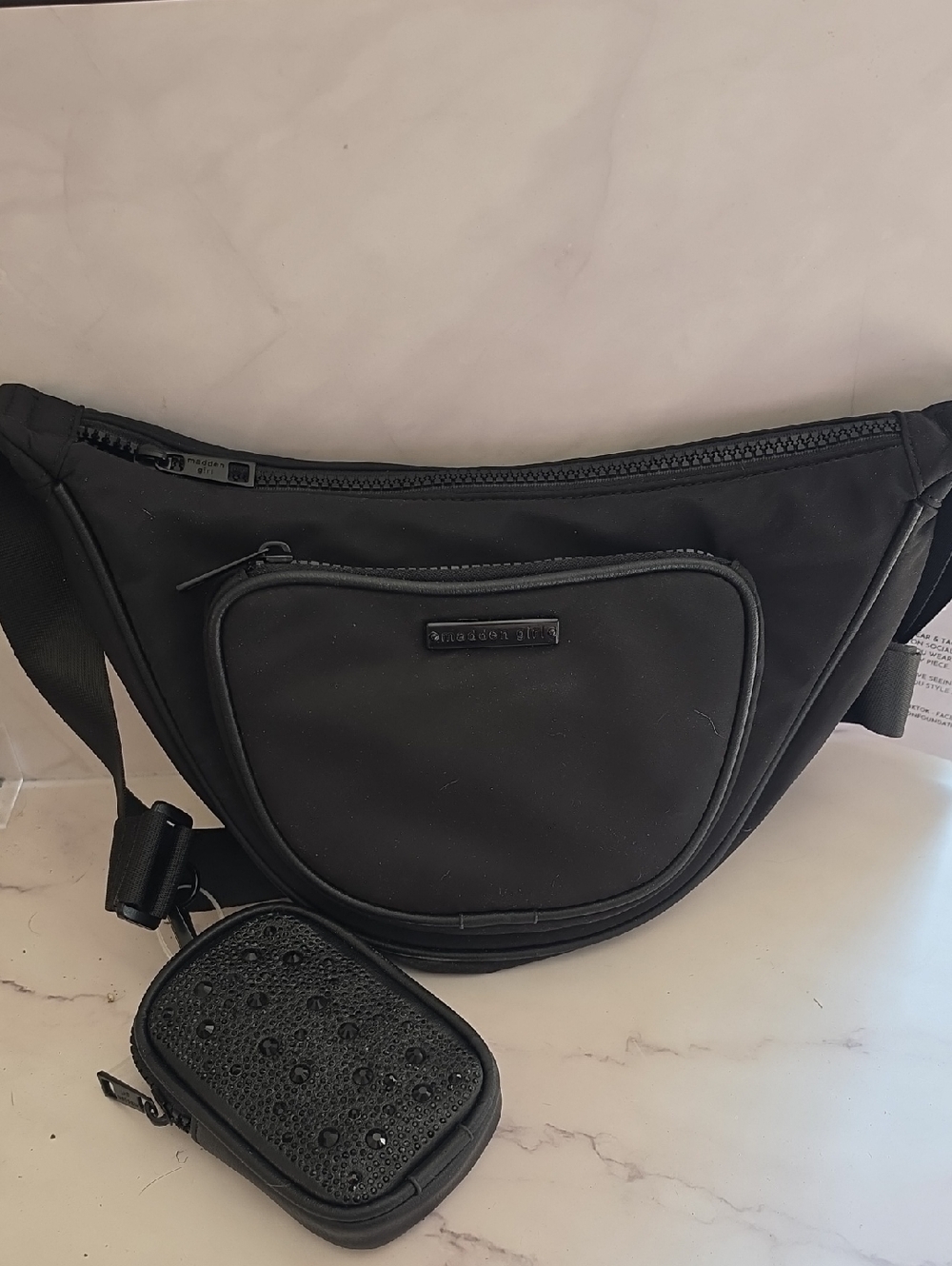 Madden Girl Black Nylon Crescent Crossbody Bag with Detachable Sparkly Pouch
